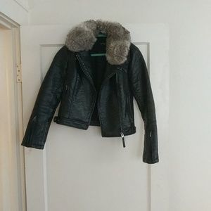 Topshop Faux Leather Jacket w/ Faux Fur Hood